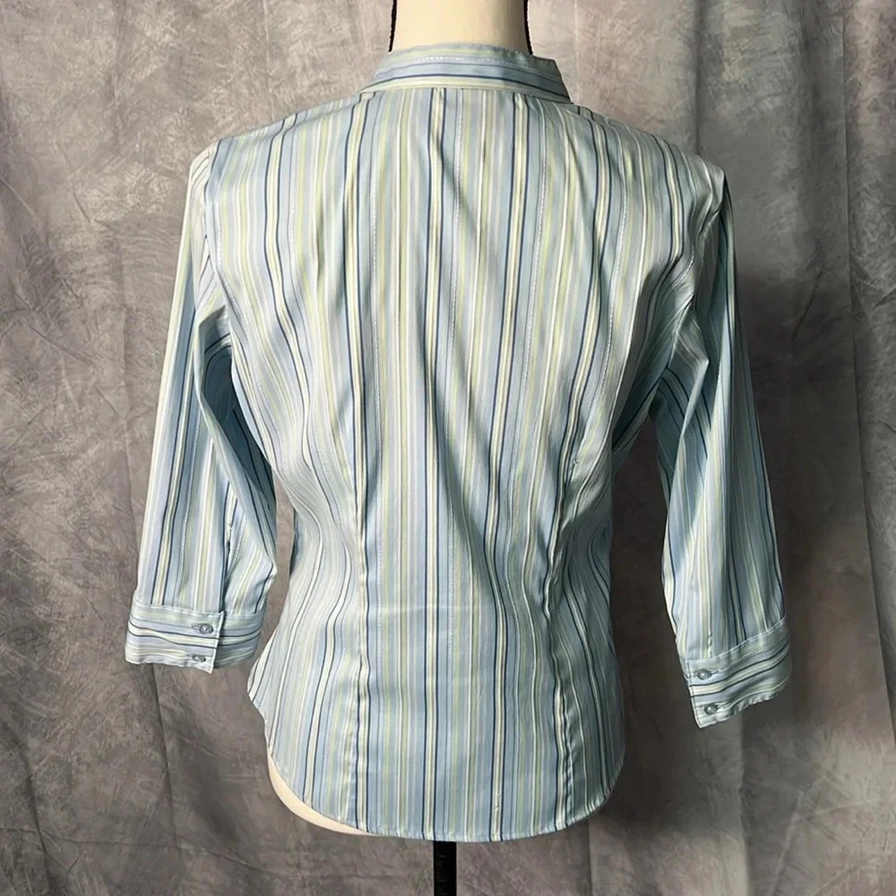 DCC Missy Green, Blue, Sage and White Striped Button Down 3/4 Sleeve Blouse - Picture 5 of 10